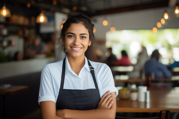 Portrait of a happy Latin American waitress working at a restaurant and looking at the camera smiling - obrazy, fototapety, plakaty