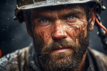Generative ai technology portrait of mine worker wearing helmet extracting coal resources dirty face