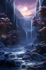冬の森　ファンタジックな森と川の風景イラスト
