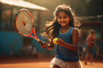 Indian little girl playing tennis - obrazy, fototapety, plakaty