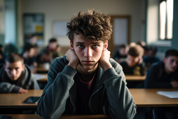 Generated by AI photography of a depressed school boy sitting alone at the desk listening to lessons suffering from discrimination in college - obrazy, fototapety, plakaty