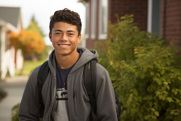 Generated by AI photo image of happy male college student going to campus first september and looking at camera