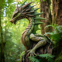 Dragon in the Forest: Artistic representations of a wooden green dragon sculpture placed within a lush forest setting, blending nature and fantasy