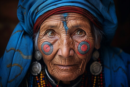 Picture of beautiful old woman with tattoo on her face created with generative AI technology