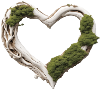 Whitewashed Rustic Driftwood Root Heart Frame with Moss, Isolated Wreath