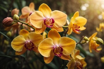 Close-up of vibrant yellow orchids, set against a soft-focus green foliage backdrop, evoking serene beauty