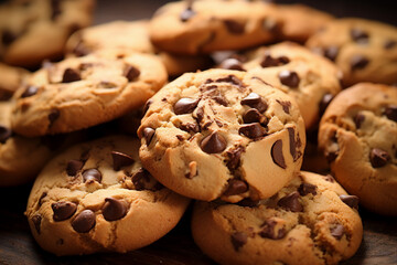 Close up generative AI image of chocolate chip tasty cookies - Powered by Adobe