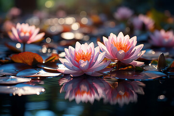 Generative ai picture pf colorful beautiful lotus water lily flower on pond yoga peace calm inspiration