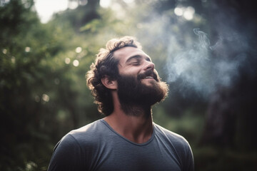 Portrait of a man breathing fresh air in nature