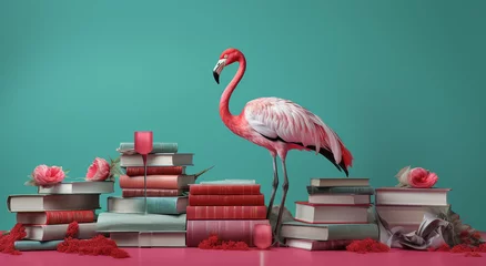 Tuinposter Flamingo and books on a blue background. 3d rendering. pink flamingo and books on a dark blue background, vintage style. zoo character © Nadezhda