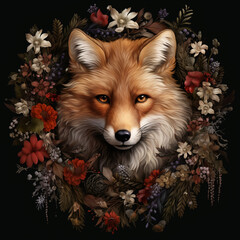 Fox in a wreath of flowers on a black background.  cute Fox in the grass on a black background next to bright leaves branches with berries
