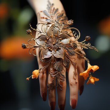 Flower texture henna ink on a woman's hand before a wedding, pre wedding, and a beautiful model decorating her hand, good for business, beauty, advertising, decoration etc. Generative Ai Image