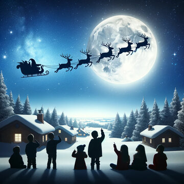 Photo of a vast, clear winter sky. The silhouette of Santa's sleigh, led by reindeer, is seen against the backdrop of a radiant full moon. 