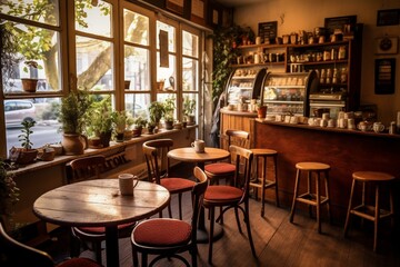 Fototapeta na wymiar Image of a cozy cafe with a serene ambiance and a warm atmosphere. Generative AI