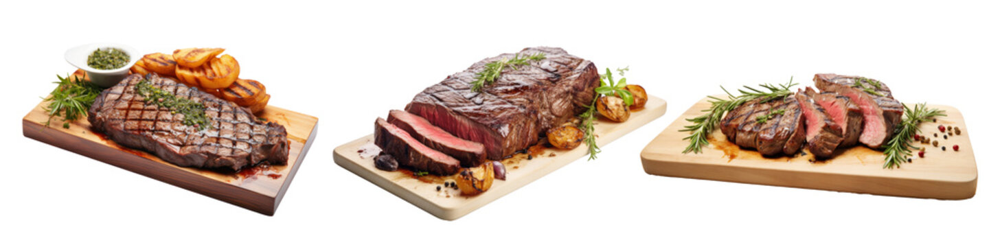grilled entrecôte steak on a wooden board, isolated