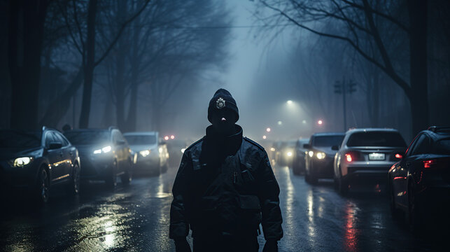 Man standing in smog in front of police car at night
