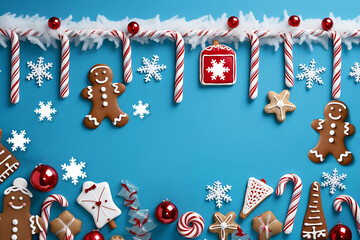 Christmas Holiday Decorative Border Frame made with Candy Cane, Ornaments and Gingerbread - Blue Background