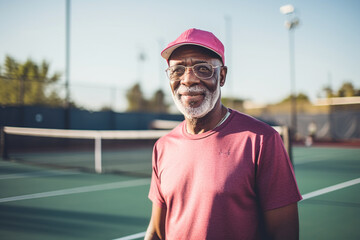 Portrait of a senior black man on the tennis court - obrazy, fototapety, plakaty