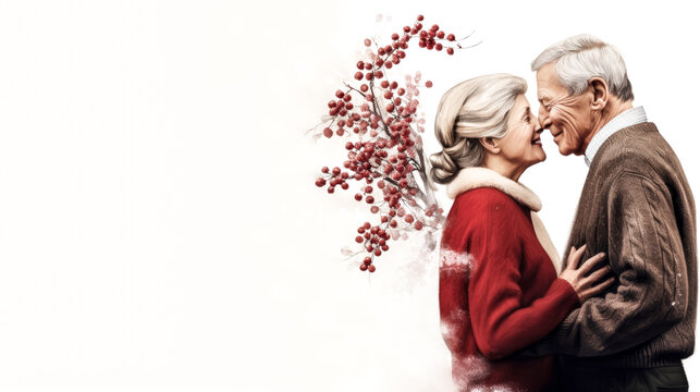 An elderly couple shares a romantic kiss under the mistletoe in this heartwarming image.