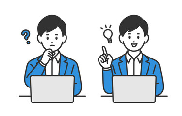 パソコンを見て疑問を持つ･ひらめきのポーズをするビジネスパーソン男性のセット【人物ベクターイラスト素材】
