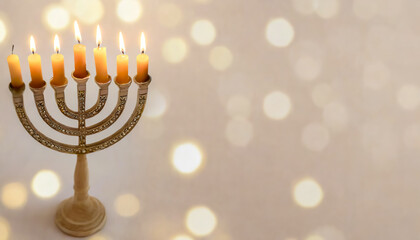 Jewish Hanukkah Menorah candlestick on a blurred background.