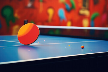 Ping pong racket on the table - obrazy, fototapety, plakaty