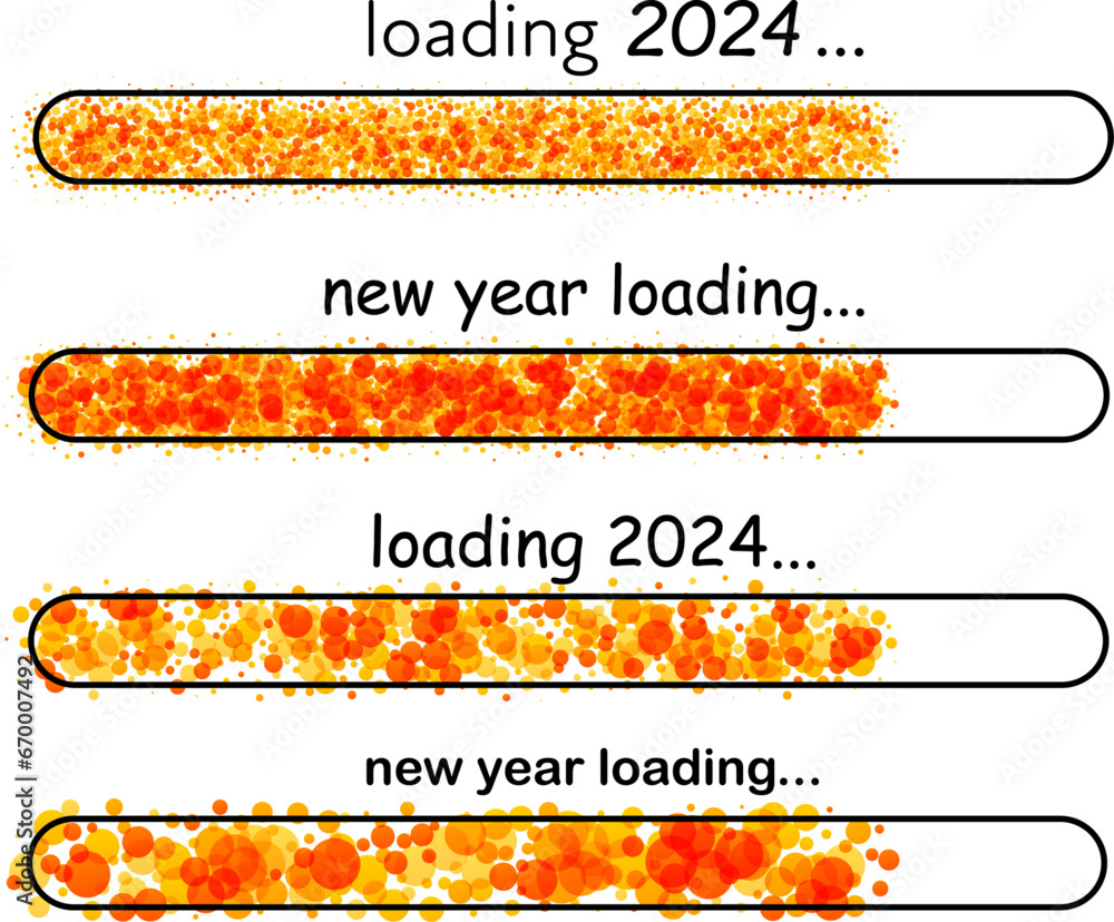 Poster 2024 new year orange loading bar made of small circles on white background. start new year 2024 with