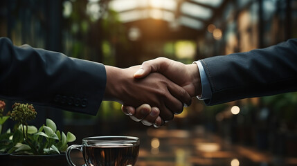 Men hold hands. Confident businessmen shaking hands