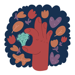 Cartoon vector illustration of Collage with female hands holding cabbage, paprika, carrot, broccoli on white background.