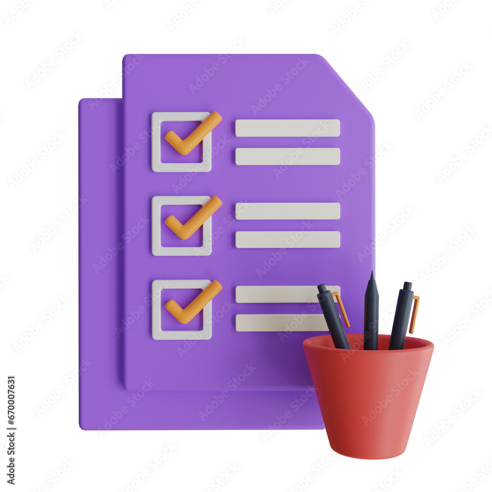 Poster document checklist for effective organization in purple hues. 3d illustration, 3d element, 3d render