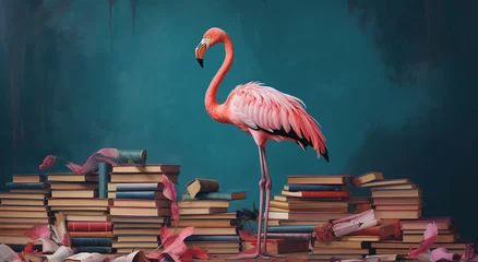 Zelfklevend Fotobehang Flamingo and books on a blue background. 3d rendering. pink flamingo and books on a dark blue background, vintage style. zoo character © Nadezhda