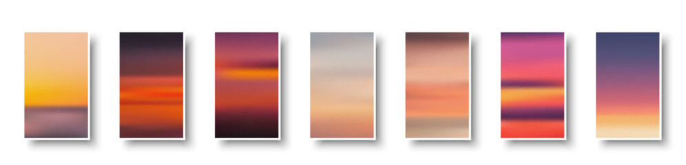Naklejka premium Set of colorful paper sunset and sunrise sea cards. Abstract blurred textured gradient mesh color backgrounds.