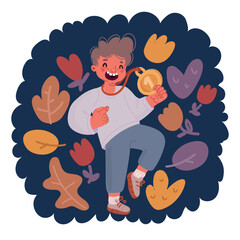 Cartoon vector illustration of Cheerful boy holding a trophy isolated on white background, with clipping path