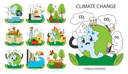 Climate change set. Planet temperature rising and sea level rising due to CO2 emissions. Nature preservation measures. Sustainability goal. Flat vector illustration