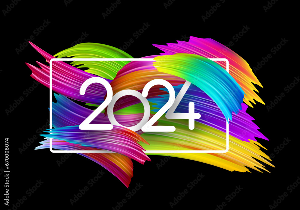 Poster new year 2024 white paper numbers and frame for calendar header with gradient colored brush strokes 