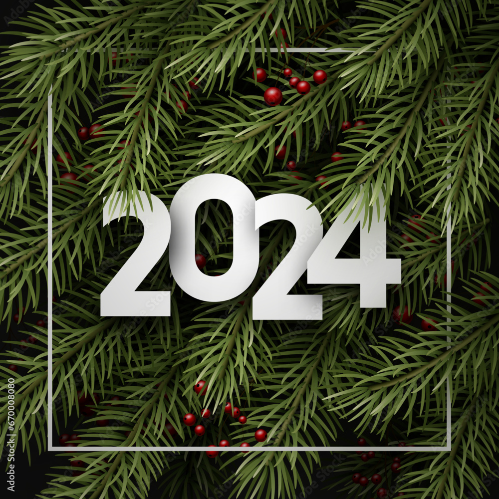 Poster happy new year with frame and white paper 2024 lettering on green background with fir branches and r