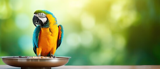 Blue and yellow macaw perched on a bowl