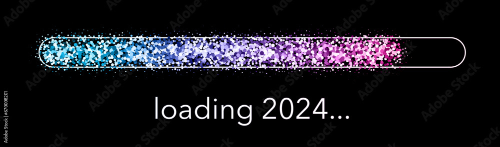 Poster loading bar 2024 new year made of colorful gradient sand or glittering particles on black.