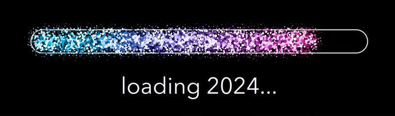 Loading bar 2024 New Year made of colorful gradient sand or glittering particles on black. - obrazy, fototapety, plakaty