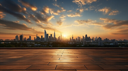 Empty square floor and city skyline with buildings background and sunlight