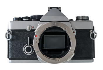 appareil photo argentique, boitier nu sur fond transparent