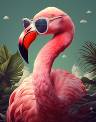 Fototapeta premium Flamingo wearing glasses with tropical leaves background. Flamingo with sunglasses and tropical flowers on black background, illustration. tropical plants and flowers. palm leaves.