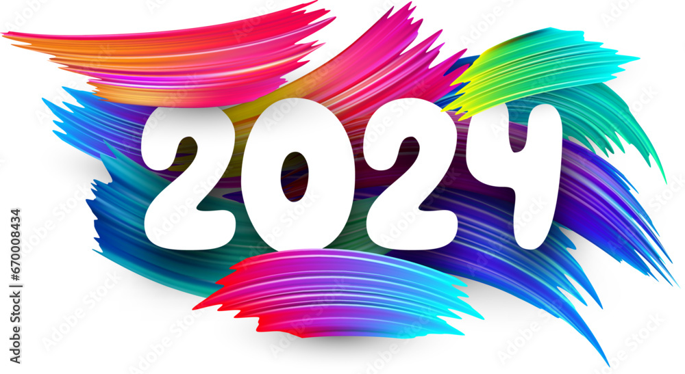 Poster new year 2024 paper numbers for calendar header on colorful background made of different color brush