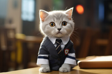 beautiful small cat wearing school uniform