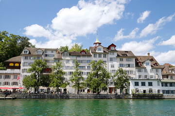 Beautiful houses on the banks of the Limmat river, Zurich, Switzerland