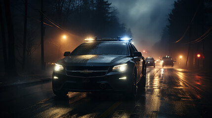 police car at night Police car chasing car at night with fog background