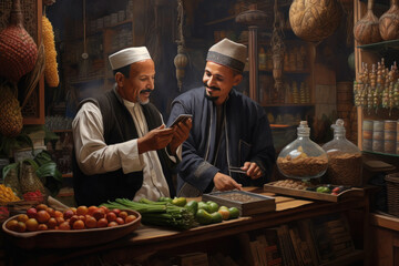 Moroccan grocer with costumer at shop