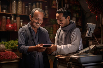 Moroccan grocer with costumer at shop - obrazy, fototapety, plakaty