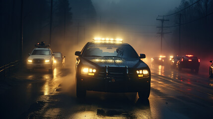 Fototapeta na wymiar police car at night Police car chasing car at night with fog background