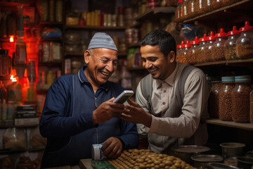 Moroccan grocer with costumer at shop - obrazy, fototapety, plakaty